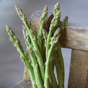 Several stalks of asparagus leaning against a wooden chair.