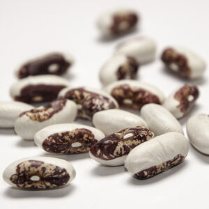 A group of oval-shaped beans that are half white and half red-speckled