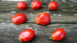 Seven small red tomatoes scattered on a wooden surface