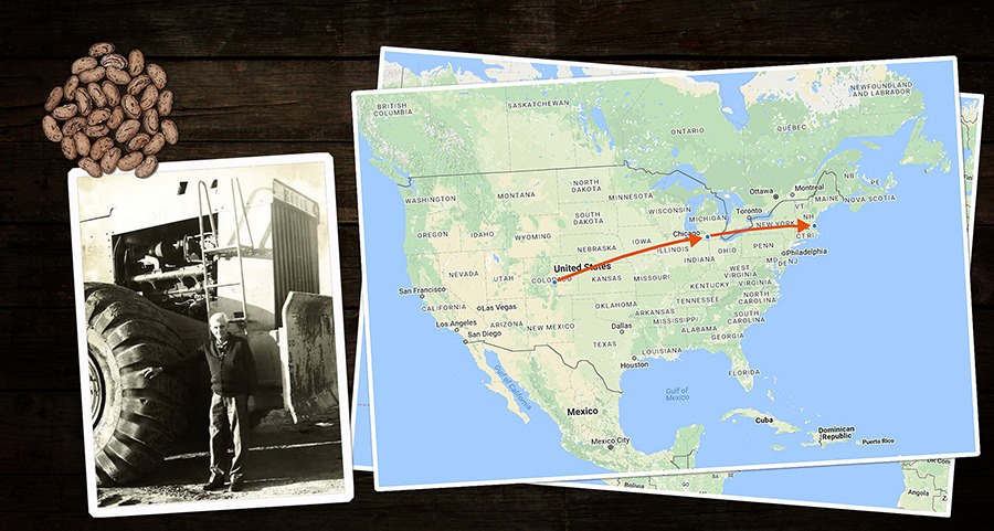 A cluster of beans, an old photograph of a man next to a large vehicle, and a map