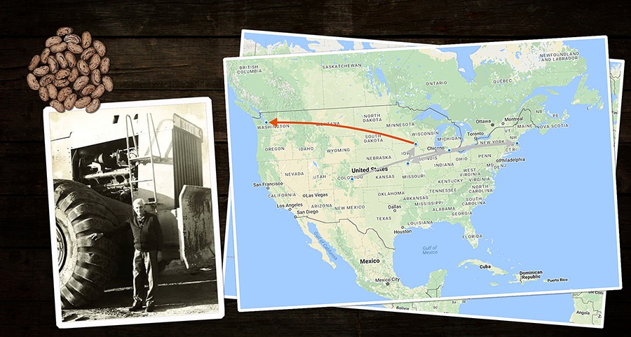 A cluster of beans, an old photograph of a man next to a large vehicle, and a map