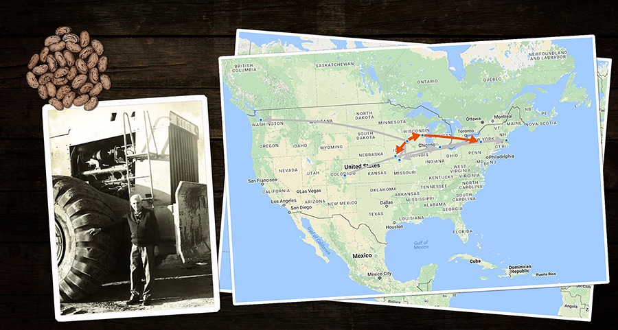 A cluster of beans, an old photograph of a man next to a large vehicle, and a map