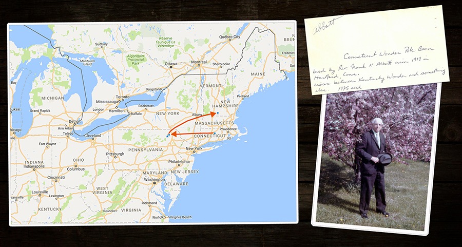 A map, a photograph of a man next to a flowering tree, and a handwritten note