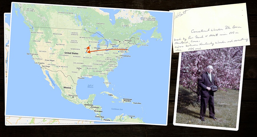A map, a photograph of a man next to a flowering tree, and a handwritten note
