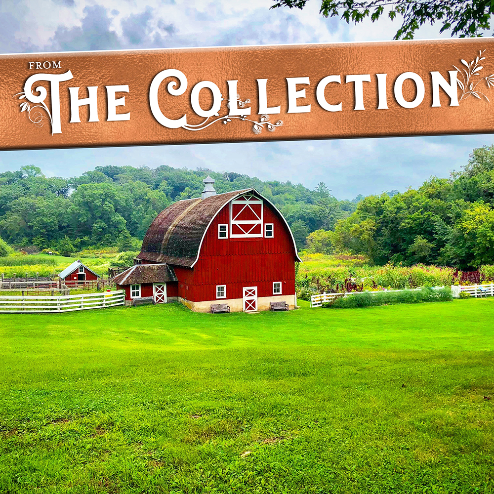 A expansive lawn with a red barn and gardens