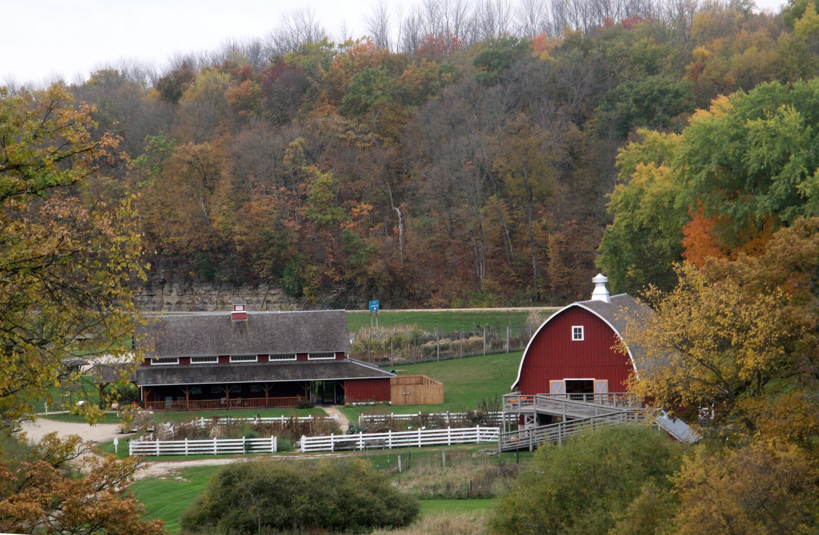A red building and a red barn nestled among a landscape of trees with changing fall colors of leaves.