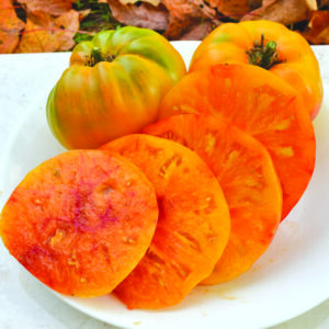 Two yellow 'Hillbilly Potato Leaf' tomatoes and four yellow tomato slices arranged on a white plate