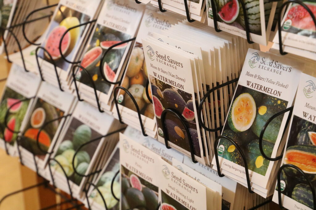 Many seed packets of different watermelon varieties displayed on a metal rack