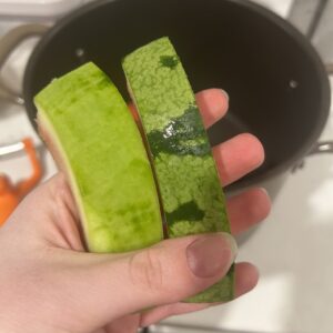 A hand holding two pieces of watermelon rind, one unpeeled and one peeled, with a stock pot in the background