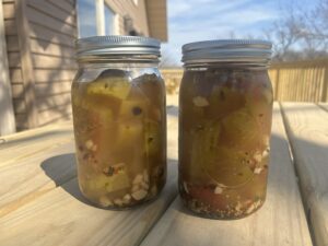 Two large jars filled with pickled watermelon rinds along with spices and chopped garlic sit outdoors on a picnic table