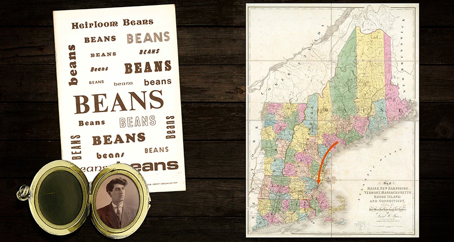 An Heirloom Beans catalog, a photo locket, and a map of the Northeast United States