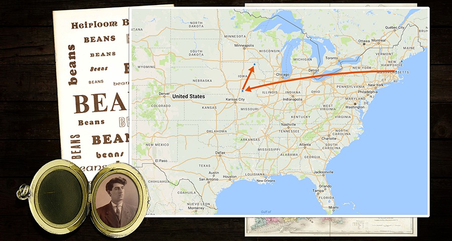 An Heirloom Beans catalog, a photo locket, and a map of the United States