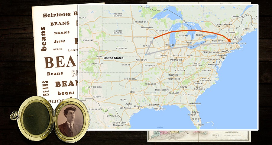 An Heirloom Beans catalog, a photo locket, and a map of the United States