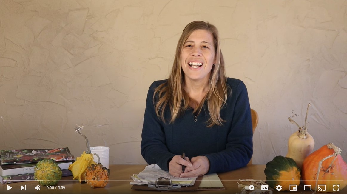 A woman sits behind a table with many different squashes on it