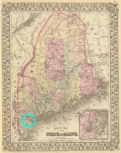 A map of Maine identifying the city of Gorham.