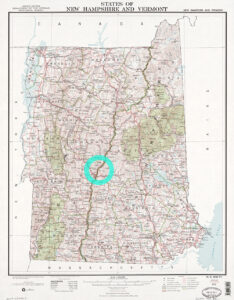 A regional map of New Hampshire and Vermont, identifying the city of Hanover, New Hampshire