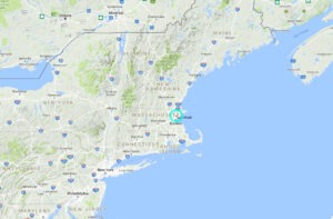 A regional map of the New England region, with a circle identifying Lynnfield, Massachusetts.