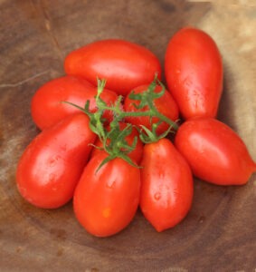 A cluster of six small red 'Martino's Roma' tomatoes attached to a vine next to three more tomatoes in a wooden bowl
