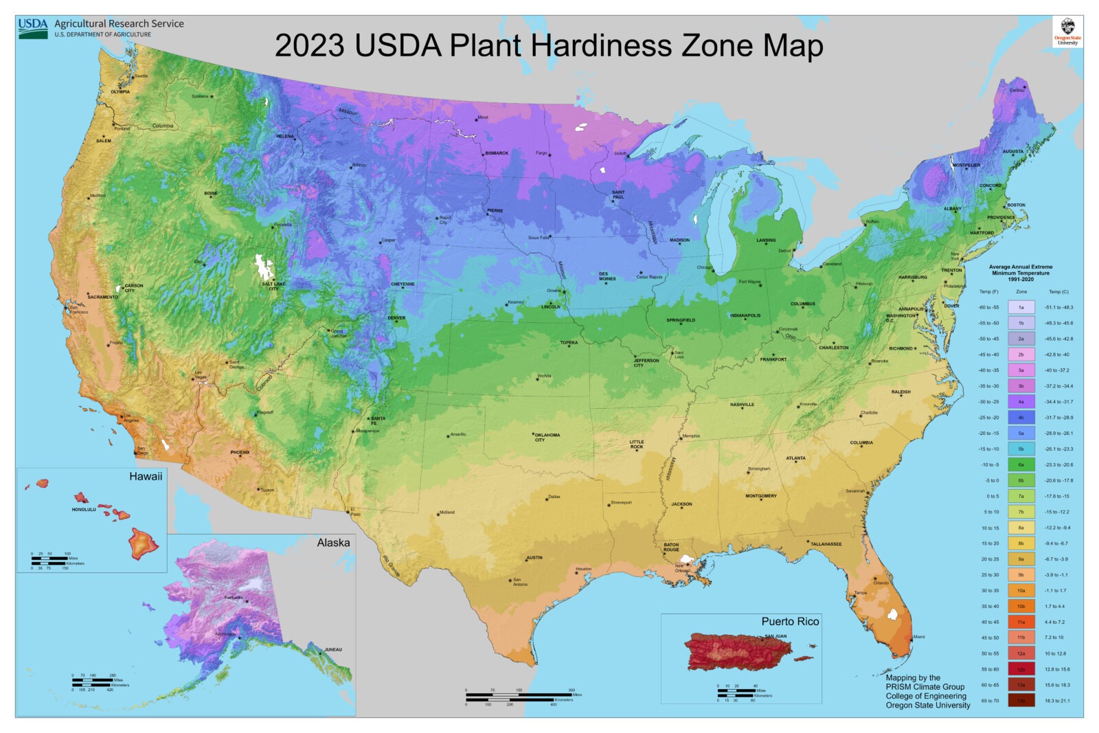 A colorful map of the United States depicting the plant hardiness zones. Text at the top reads 