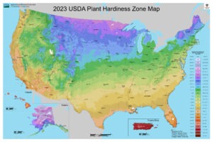 A colorful map of the United States depicting the plant hardiness zones. Text at the top reads "2023 USDA Plant Hardiness Zone Map"