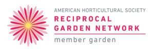 A graphic of a pink flower next to the words "American Horticultural Society Reciprocal Garden Network Member Garden"