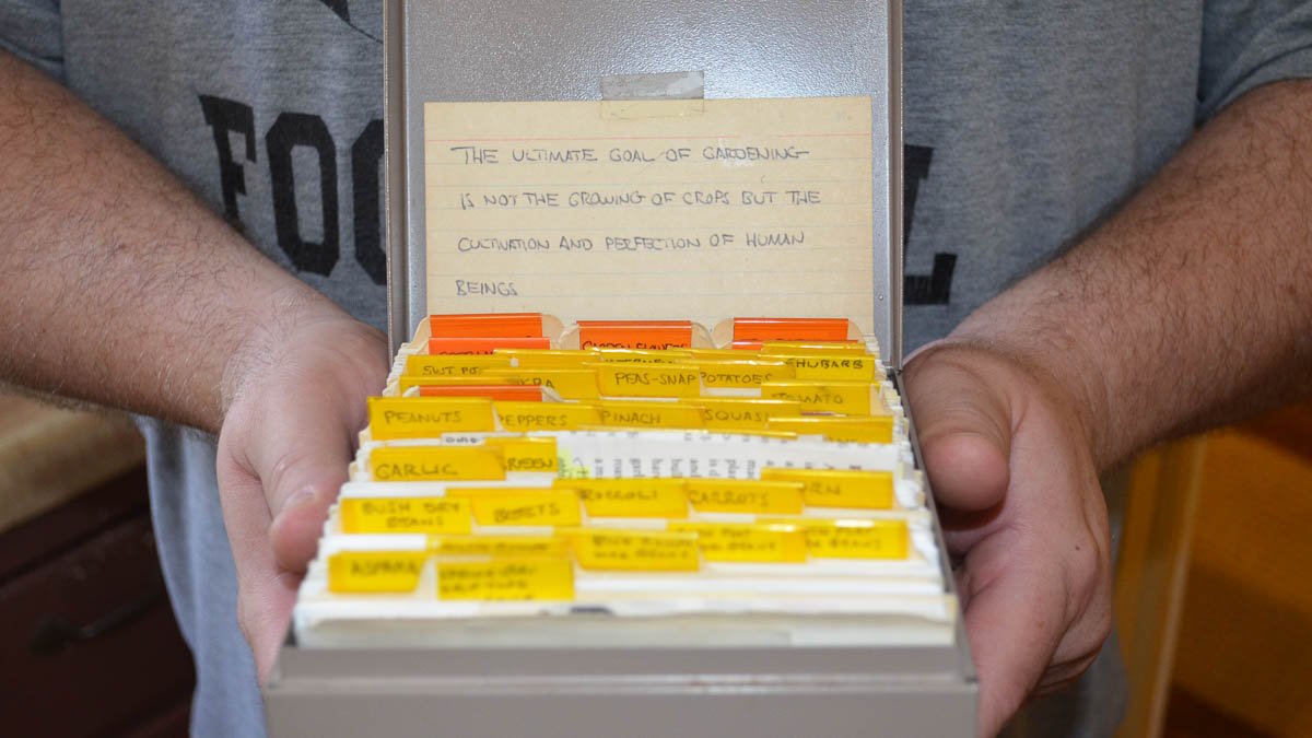 A person holds a file of many index cards