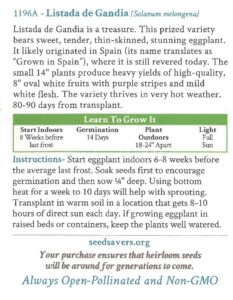 The back of a 'Listada de Gandia' eggplant seed packet