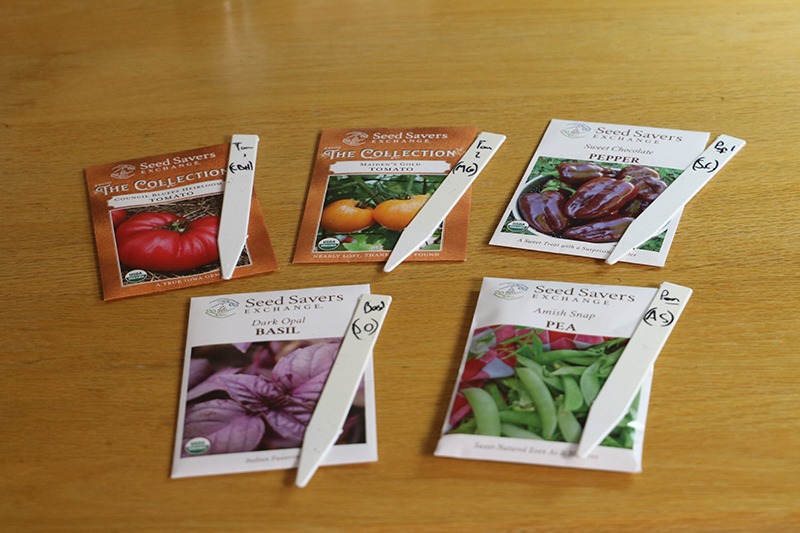 Five seed packets with garden labels on a table