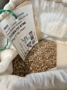A cloth bag containing tomato seeds and a tag