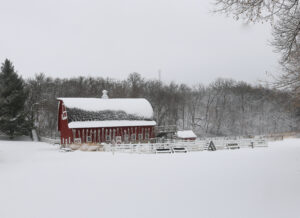 A snow-covered landscape with a red barn and a woods in the background