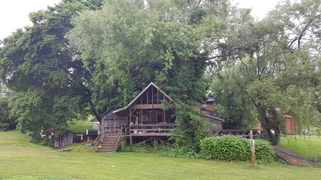 A wood house with a large porch nestled among trees and shrubs