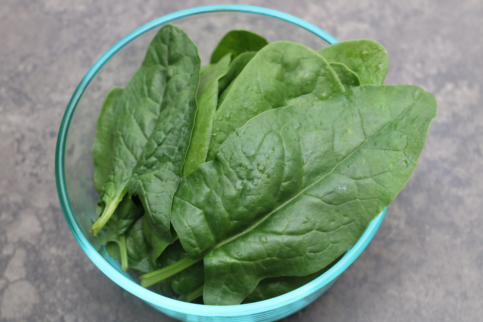 A glass bowl filled with green 'Bloomsdale' spinach leaves.