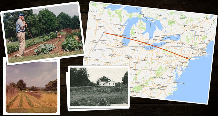 Photos of a man in a garden, a garden, and a garden in front of a farmhouse, and a map of the Northeast United States