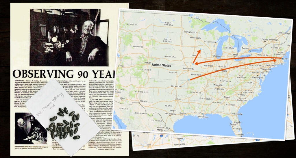A news clipping, a packet with black bean seeds, and a map of the United States