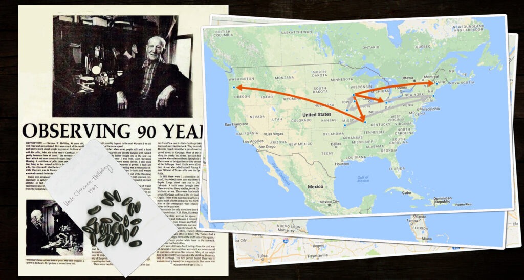 A news clipping, a packet with black bean seeds, and a map of the United States