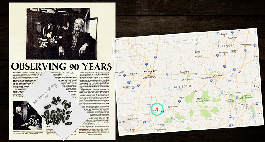 A news clipping, a packet with black bean seeds, and a map of Missouri