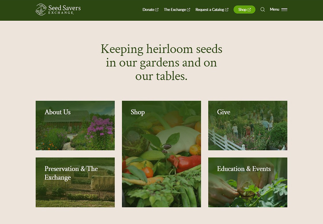 Homepage of the Seed Savers Exchange website.