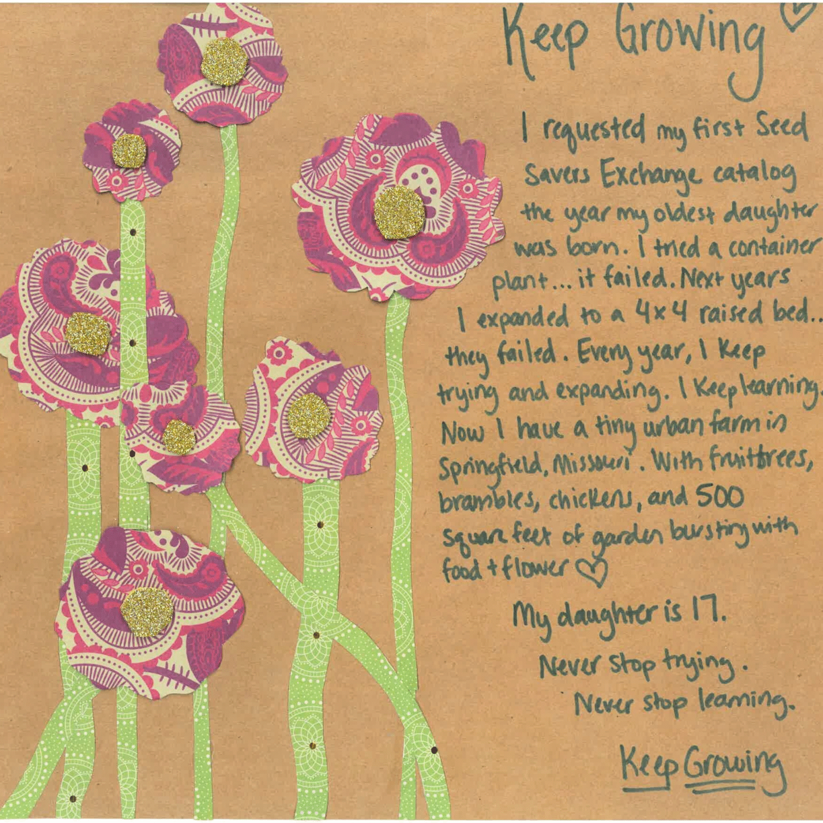 Several flowers cut out of patterned paper with some handwritten text to the right of them