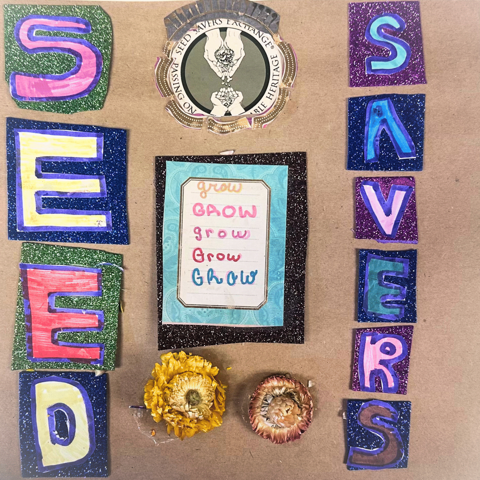A scrapbook page with the letters Seed Savers drawn in marker, several strawflowers, and the word grow written repeatedly