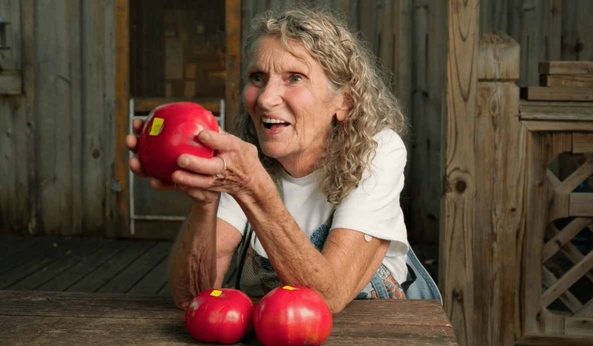 A woman smiles and holds up a large tomato, with two more tomatoes on a table in front of her