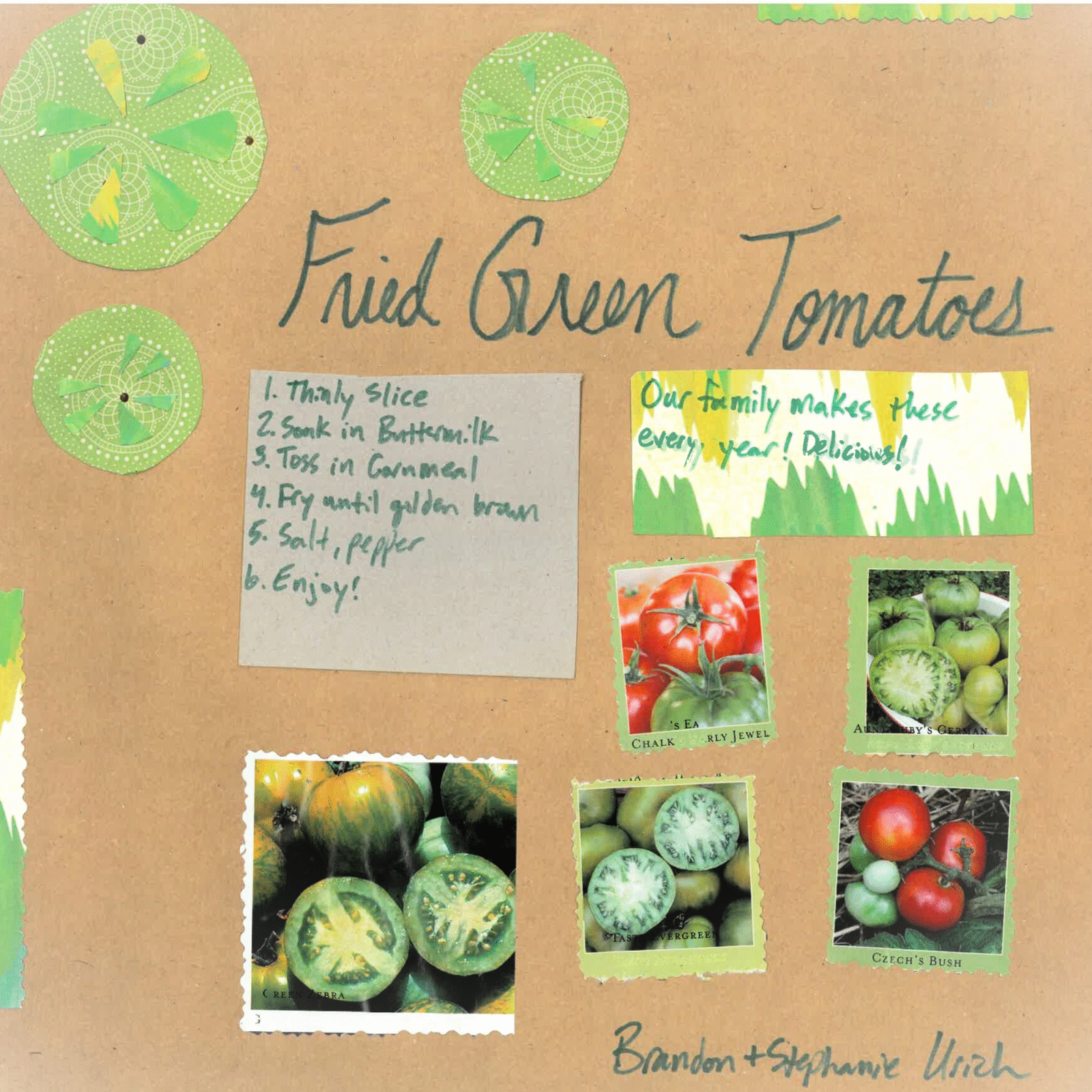 A brown scrapbook page with small photos of tomatoes, green tomatoes created out of patterned paper, and a fried green tomatoes recipe