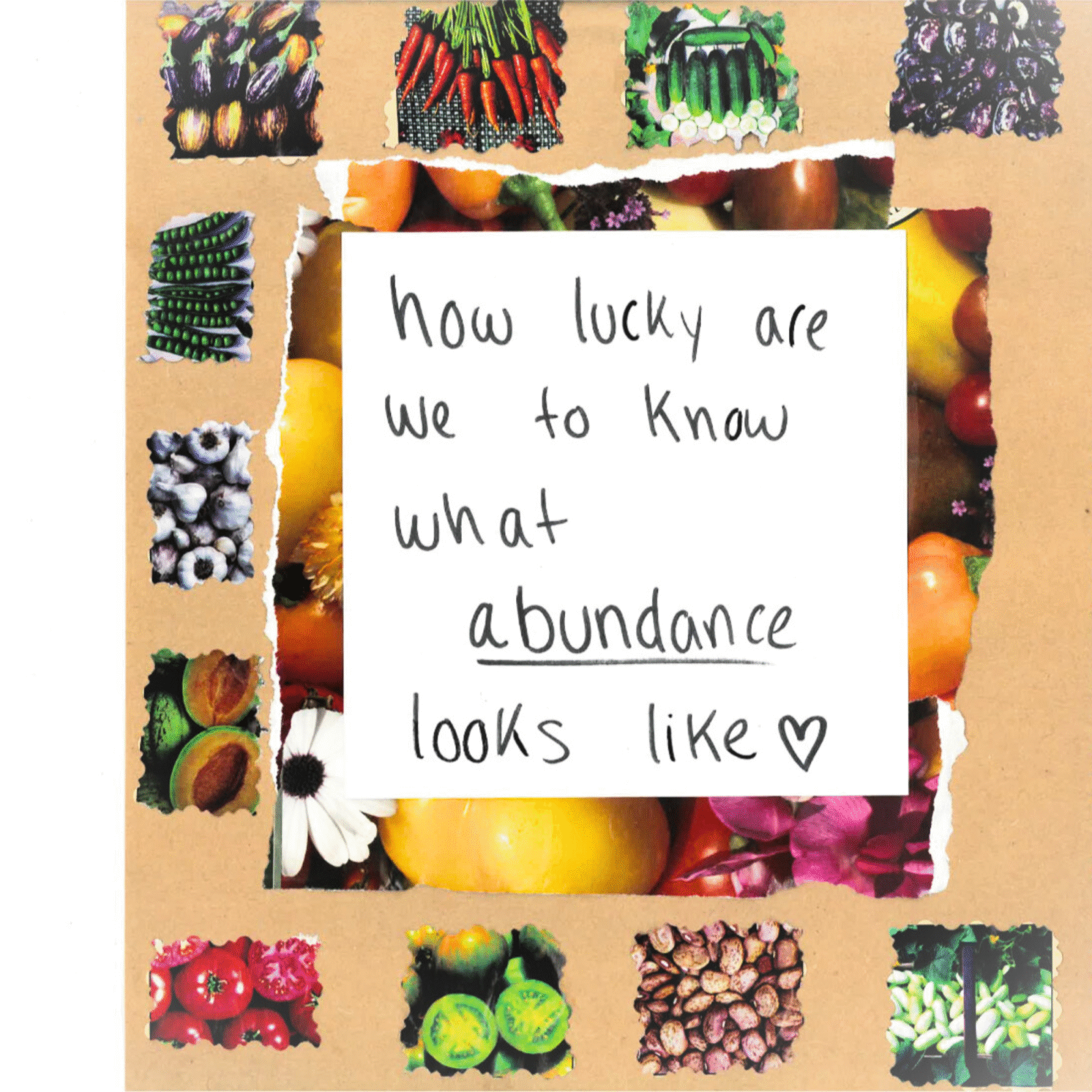 A scrapbook page with many small photos of vegetables and handwritten text in the middle.