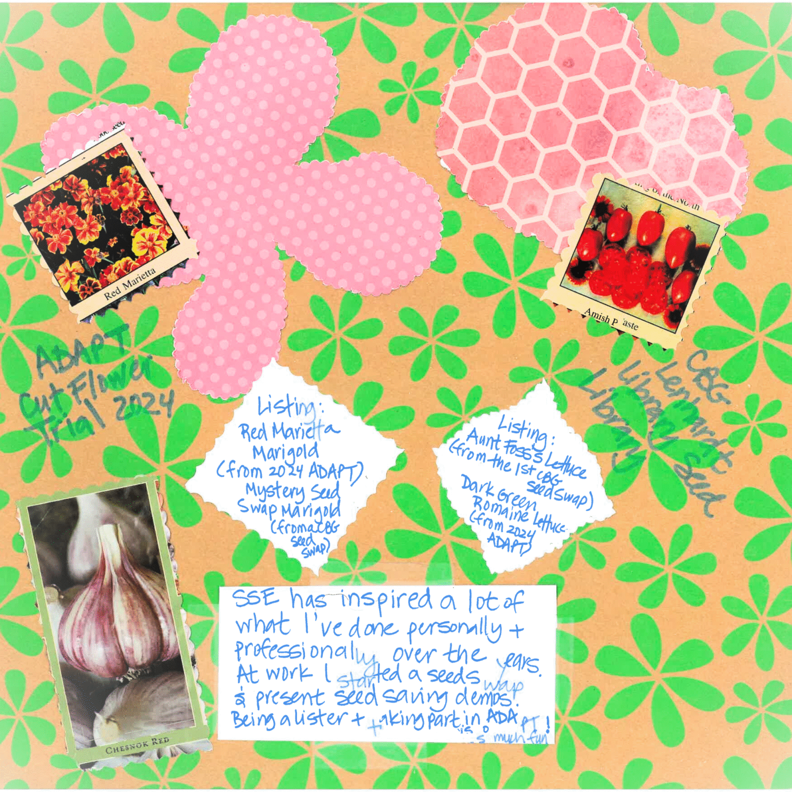 A scrapbook page with green flowers, pink shapes, several photos of vegetables, and some handwritten text