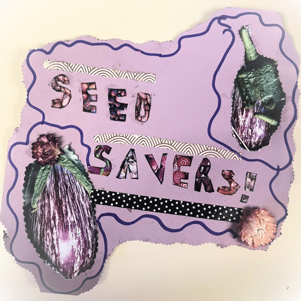 A scrapbook page with photos of eggplants, a strawflower, and letters cut from magazine pages.