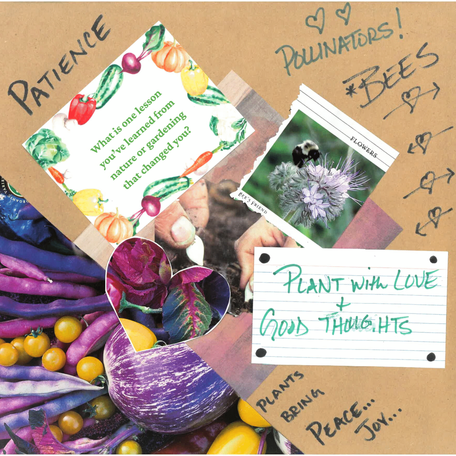 A scrapbook page with photos of vegetables and flowers, with writing
