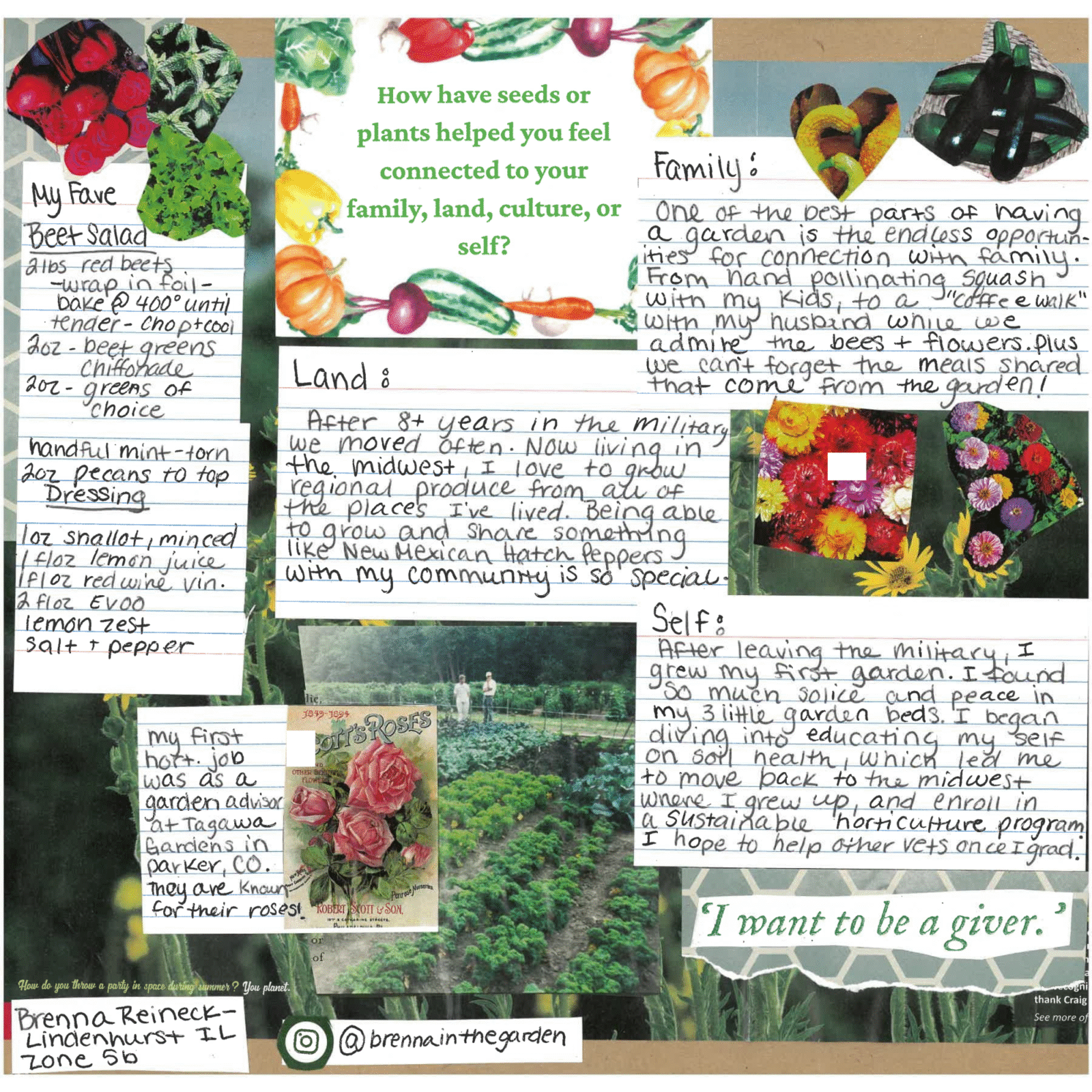 A scrapbook page featuring photos of plants as well as several hand-written cards
