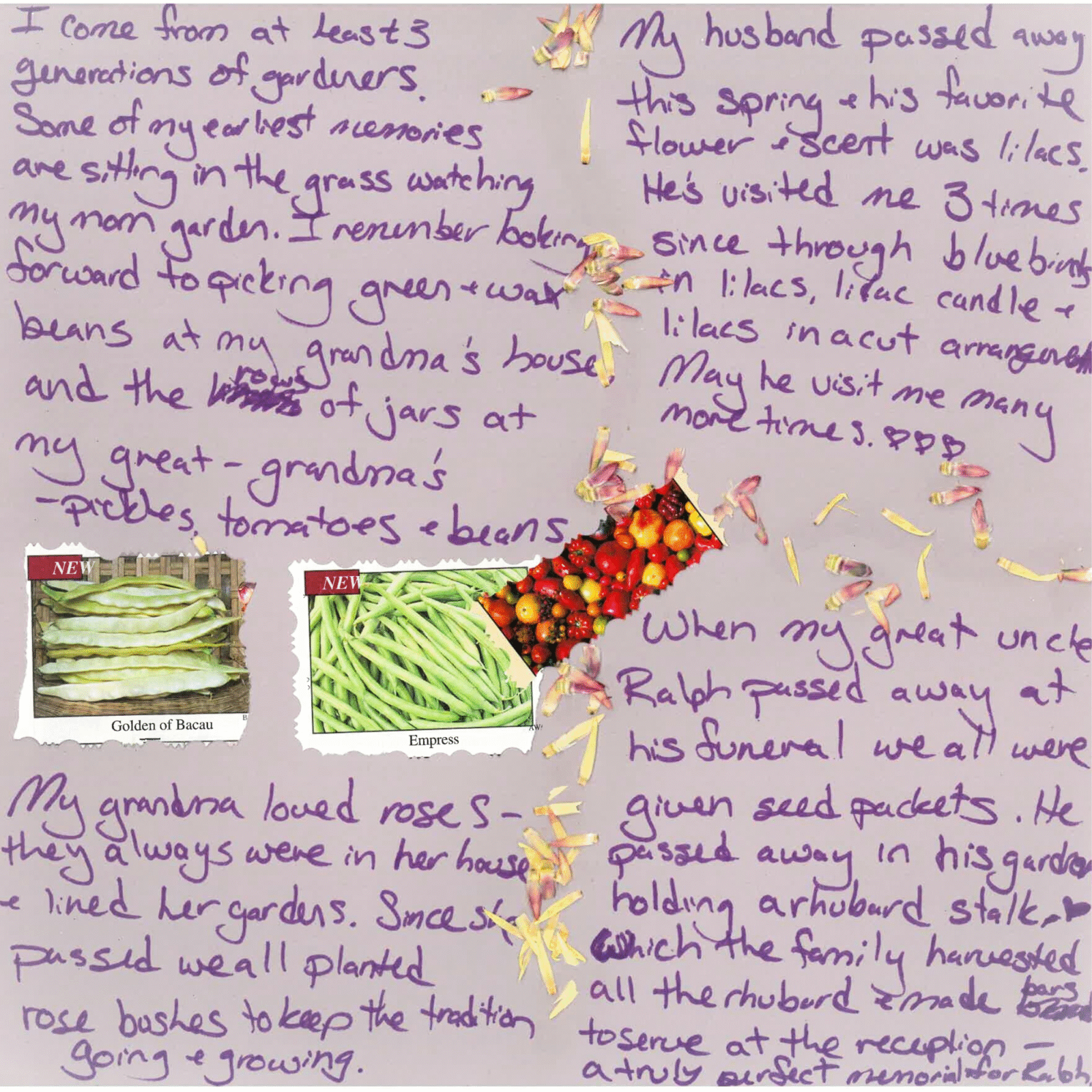 A purple scrapbook page filled with written text and a few photos of vegetables