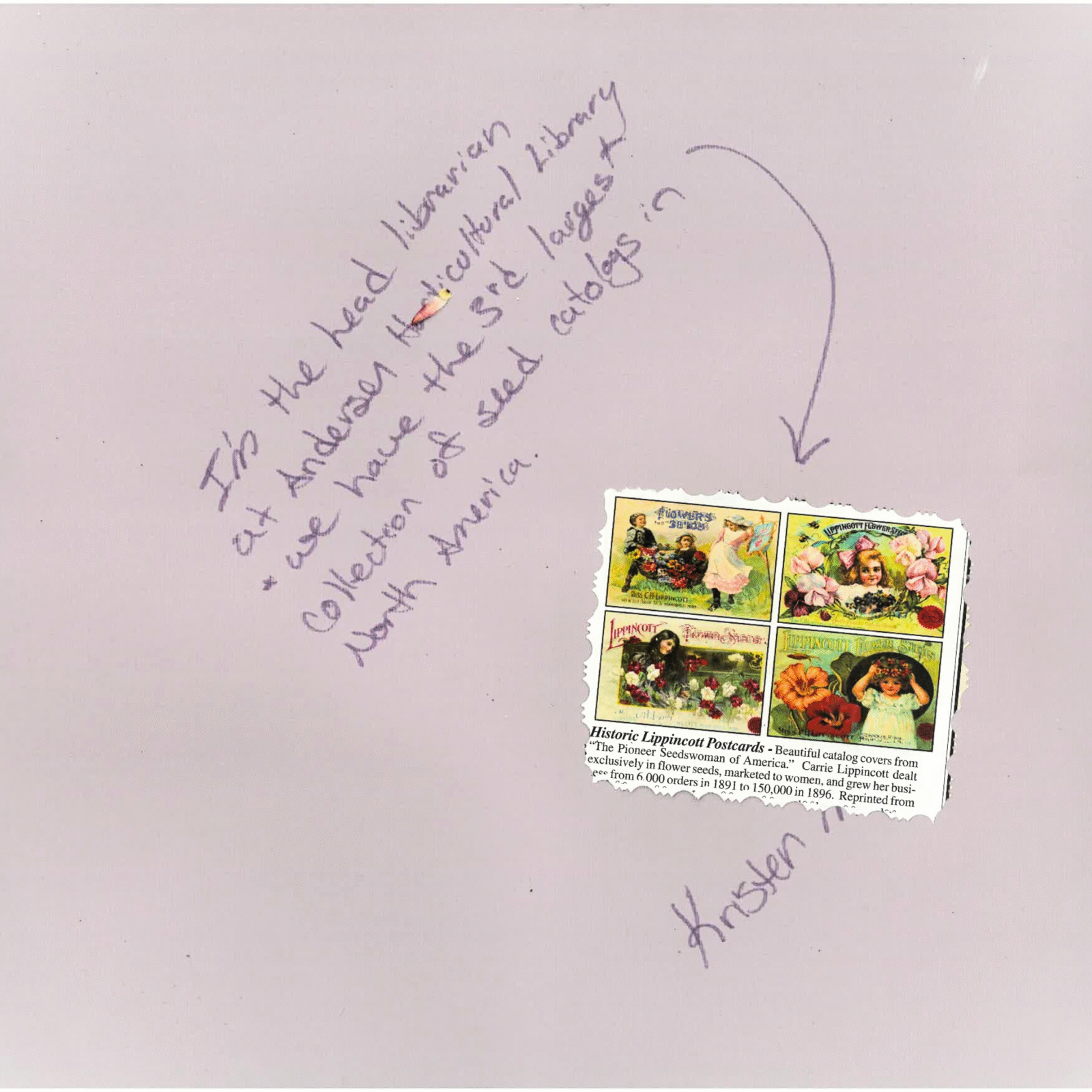 A purple scrapbook page with handwritten text and a photo featuring old drawings