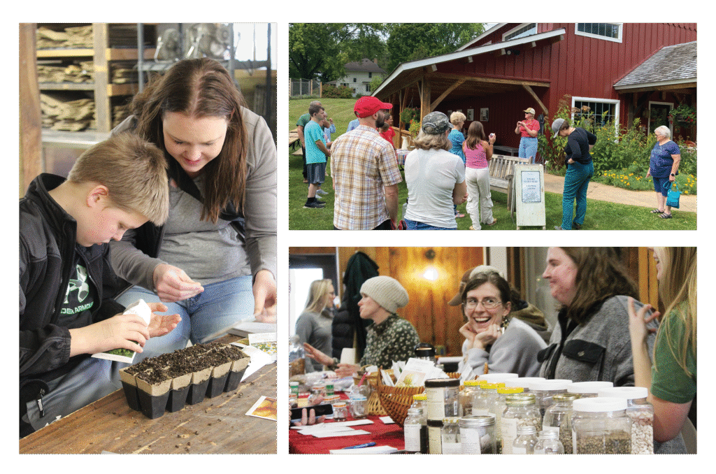 Photo grid left photo is of an adult helping a child plant seeds, upper right is a group tour with a red building in the background, lower left a woman behind a table of seeds smiles.