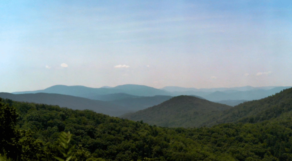 Mountains covered in trees extending into the distance, wrapped in a foggy haze